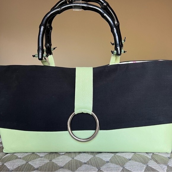 Bobo Bags Handcrafted in Denver Lime Green & Black Handbag Purse Bamboo Handles - Picture 1 of 15